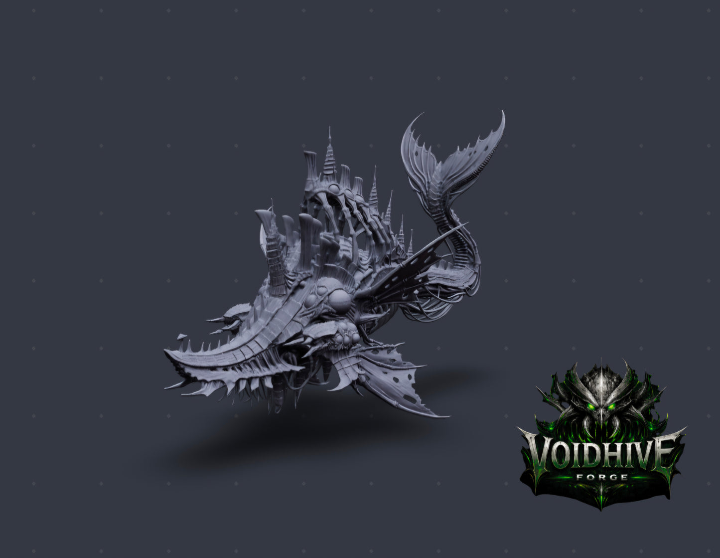 Vorrakh the Sunken – full body side view showing chitin plating and whip tail, grey resin