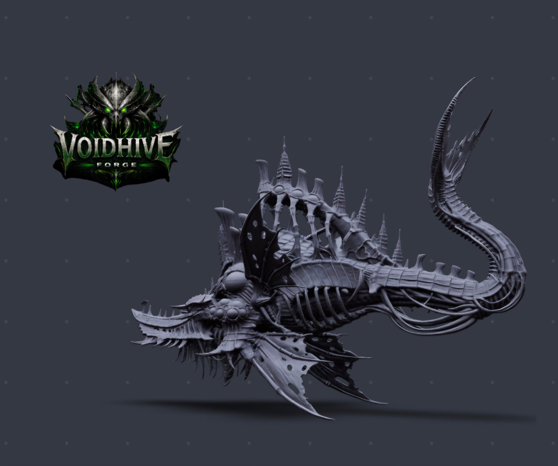 Vorrakh the Sunken – three-quarter front view showing blade fins and compound eyes, grey resin