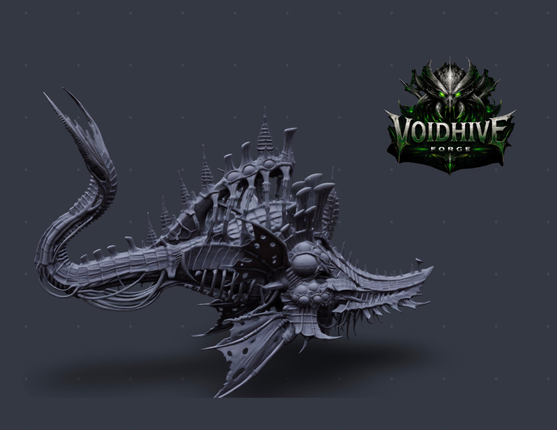 Vorrakh the Sunken – rear three-quarter view showing tail and dorsal spire clusters, grey resin