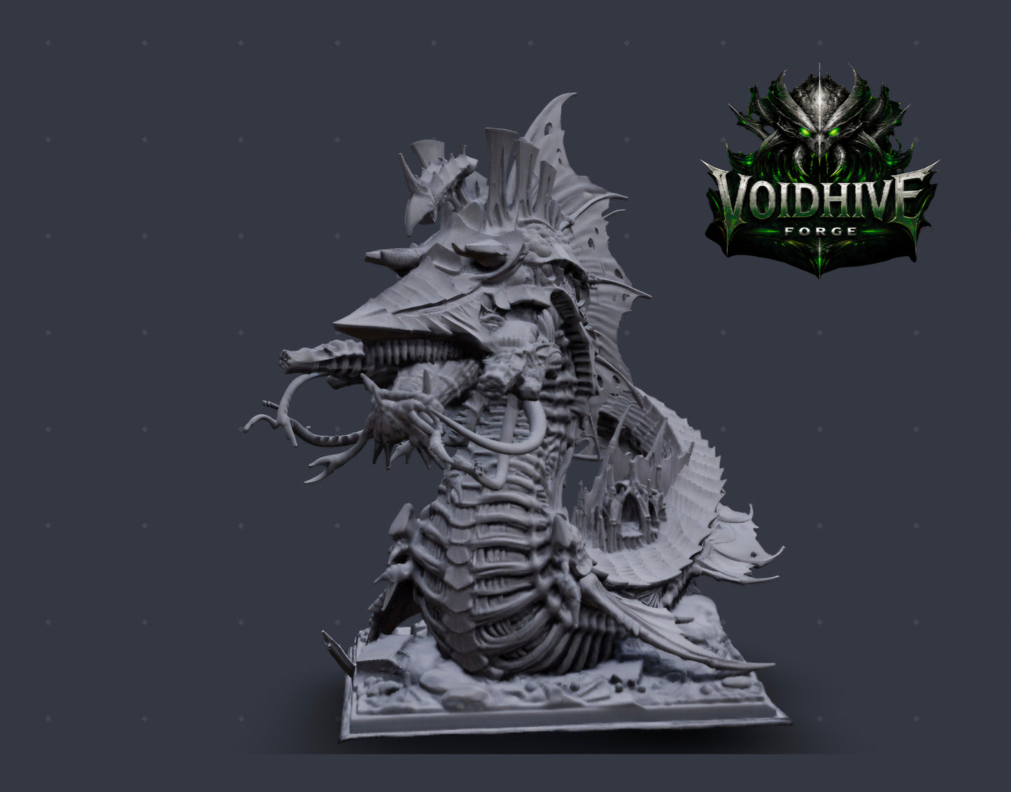Narthul the Deepborn – full coiled body, side view, grey resin
