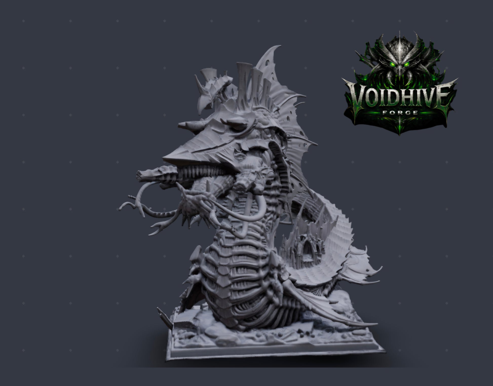 Narthul the Deepborn – full coiled body, side view, grey resin