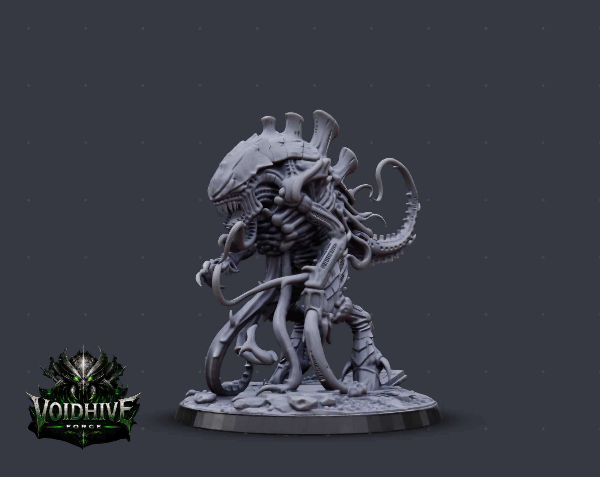 "Carrion Sovereign resin miniature by VoidHive Forge — front view showing bio-reactive spinal organs"