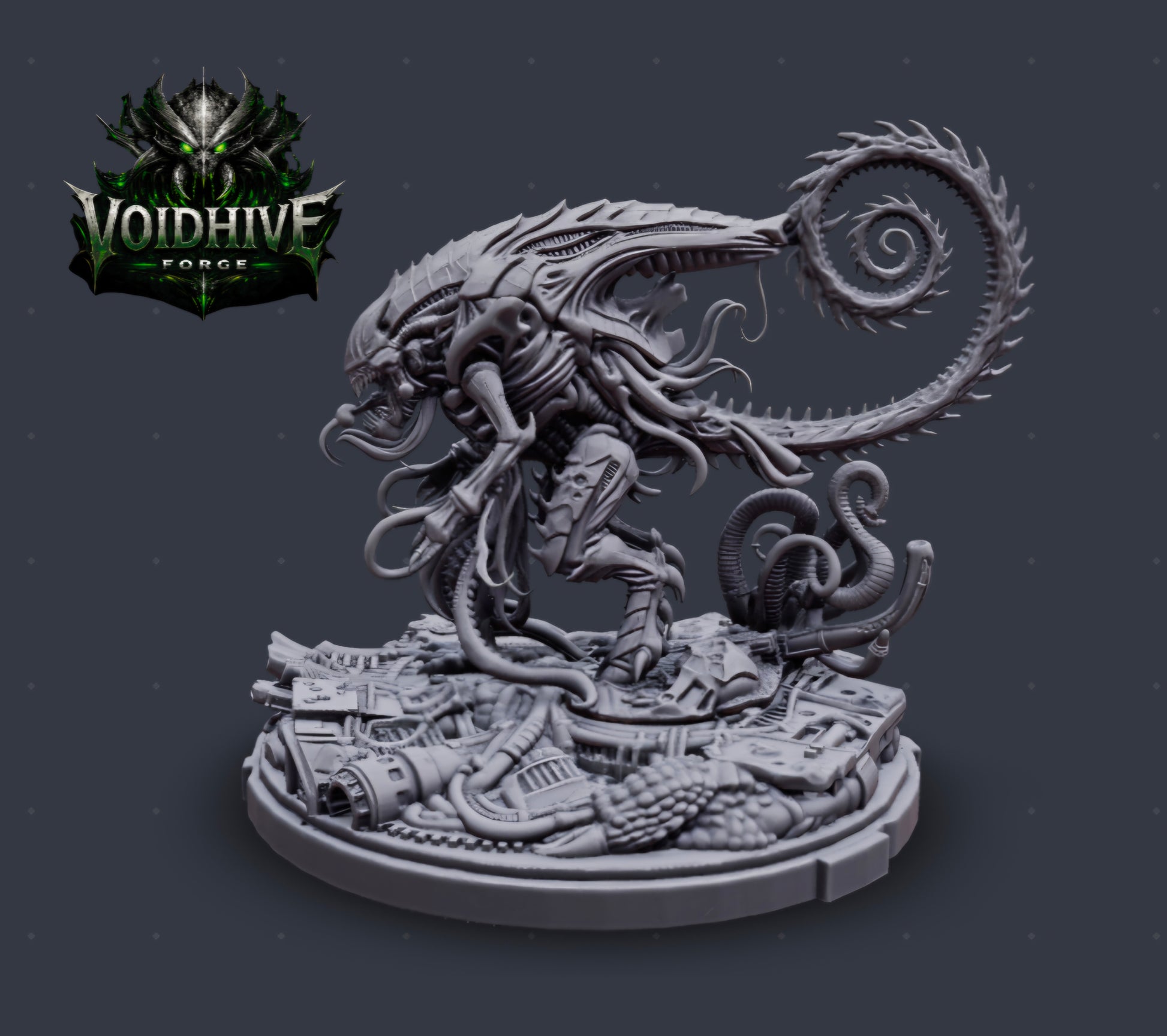 Abyssal Coilfiend resin miniature by VoidHive Forge — side profile view on dark background"