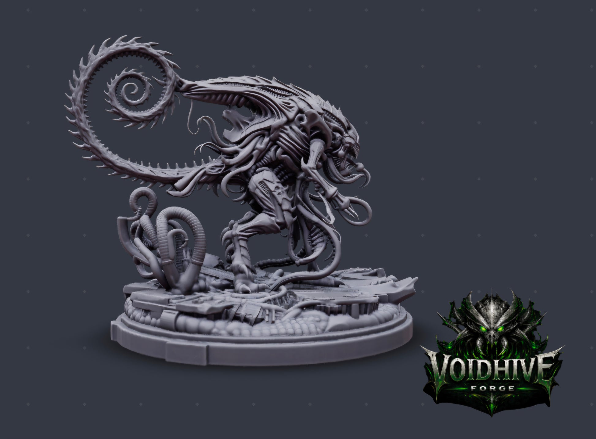 Abyssal Coilfiend resin miniature by VoidHive Forge — side profile view on dark background"