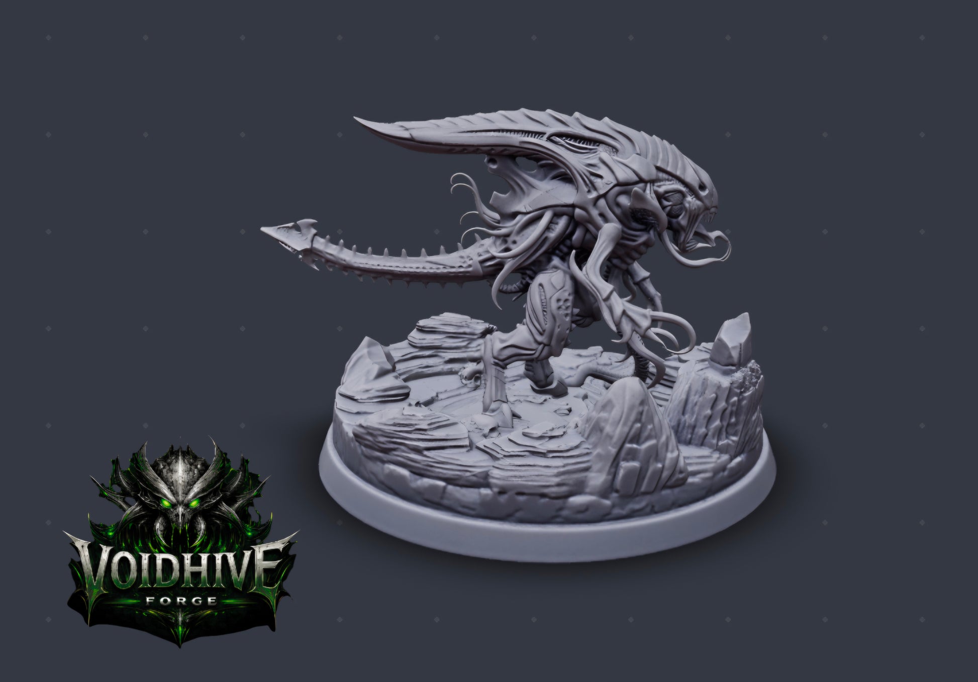 Voidfang Reaper resin miniature by VoidHive Forge — front three-quarter view on rocky scenic base"