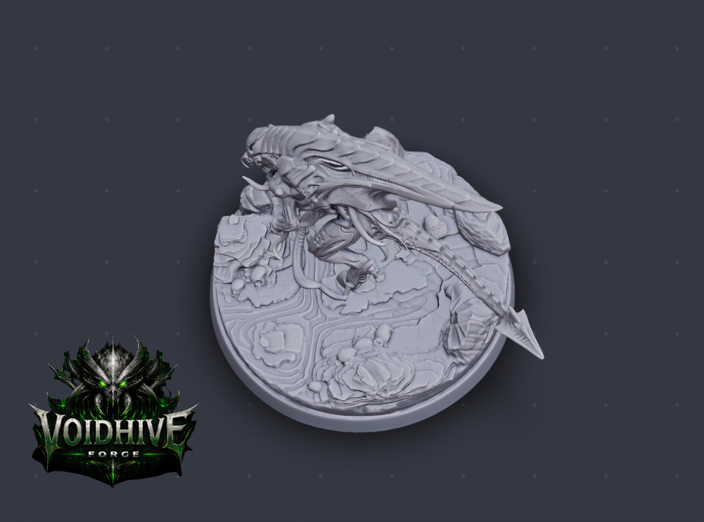 Voidfang Reaper resin miniature by VoidHive Forge — side profile on dark background"