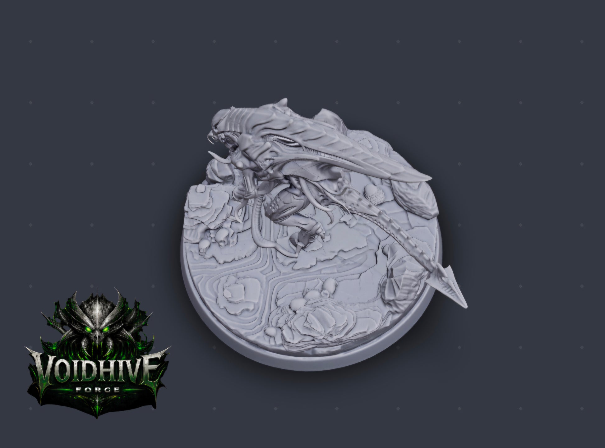 Voidfang Reaper resin miniature by VoidHive Forge — side profile on dark background"